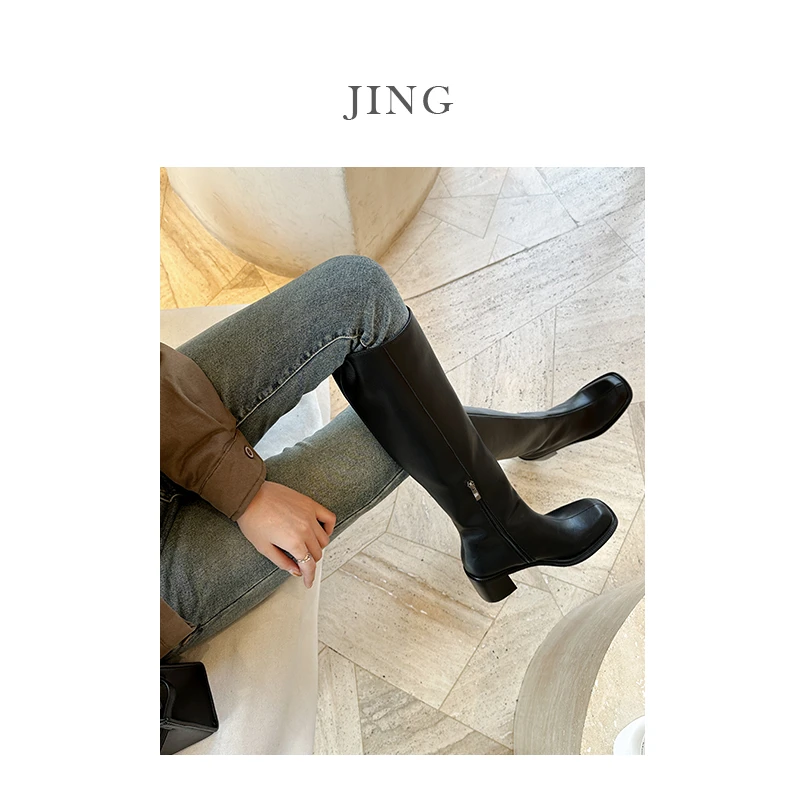 JIN 春暖花开-方头长靴小个子女靴春秋牛仔时尚粗跟骑士过膝秋冬