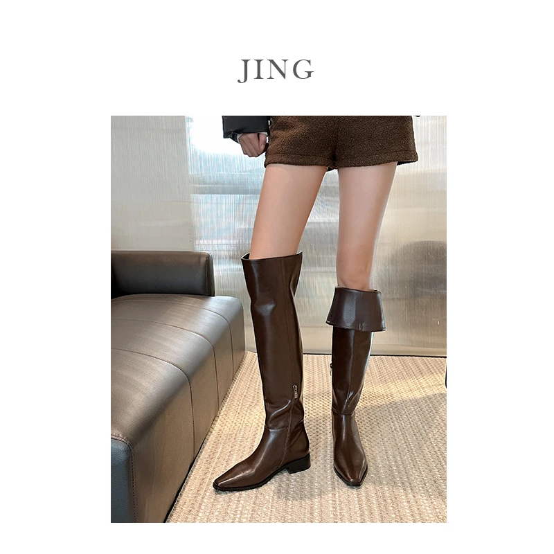 JING 惦梅咖-皮质两穿低跟过膝尖头骑士靴瘦瘦长筒靴秋冬保暖长靴