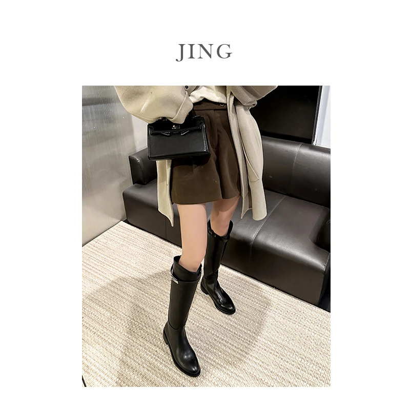 JING 克莱德曼-真皮时尚款胖妹妹粗腿骑士凯丽扣加绒瘦瘦靴