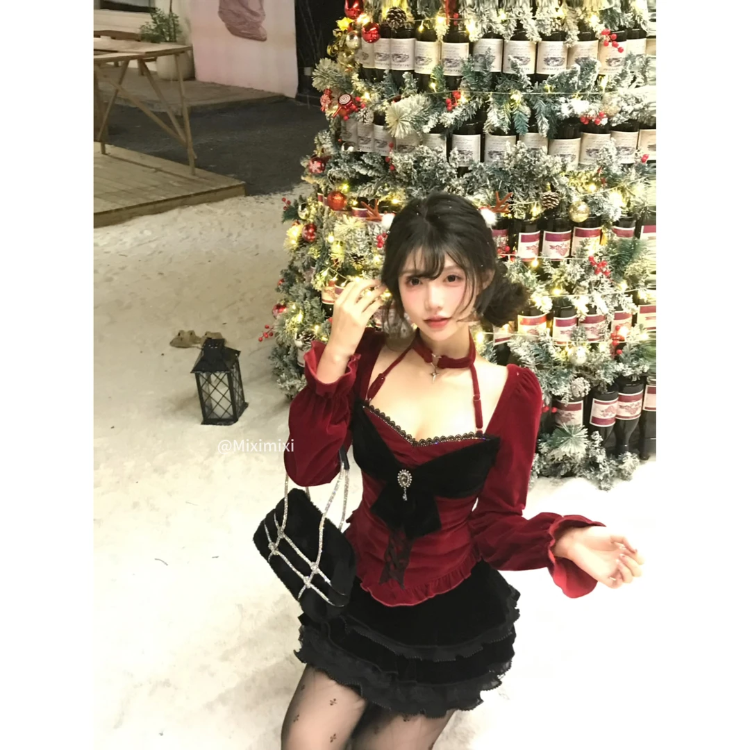 瑞茜·威瑟斯 圣诞战袍 冬季纯欲显瘦丝绒长袖上衣半裙R6929-1H