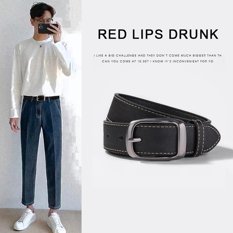 男女韩版做旧百搭皮带ins风简约复古小皮带男士牛仔裤腰带黑色系