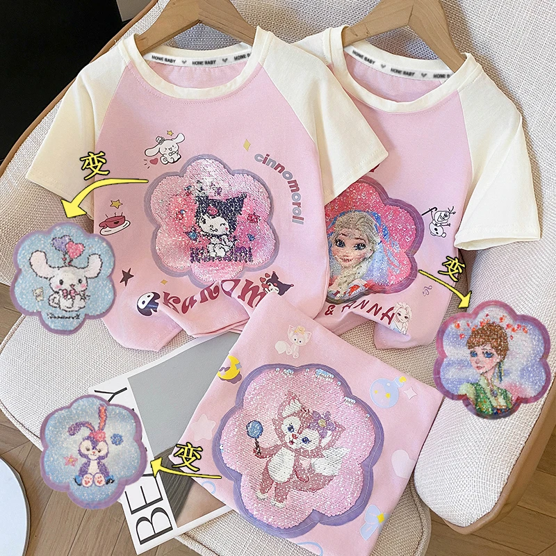 儿童纯棉T恤洋气时尚宝宝变脸半袖薄款库洛米爱莎星黛露夏季上衣