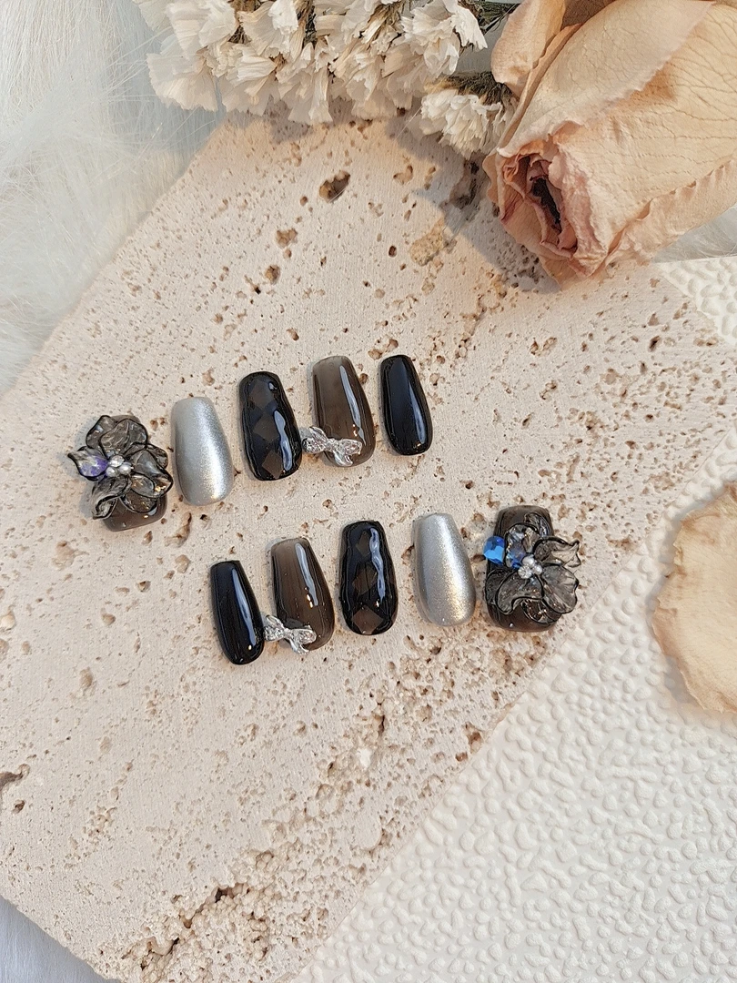 1101木木手工穿戴甲定制暗黑系美甲手工立体雕花甲新店开张粉丝浮