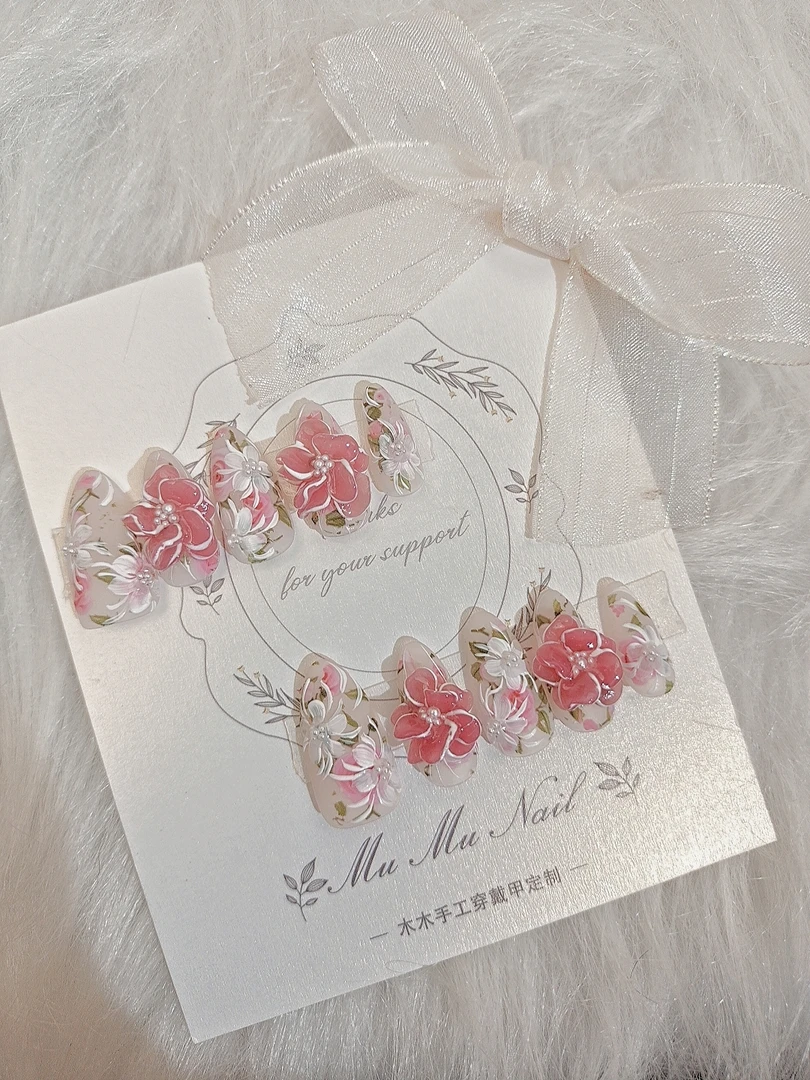 1176木木手工穿戴甲定制浮雕花美甲雕花美甲