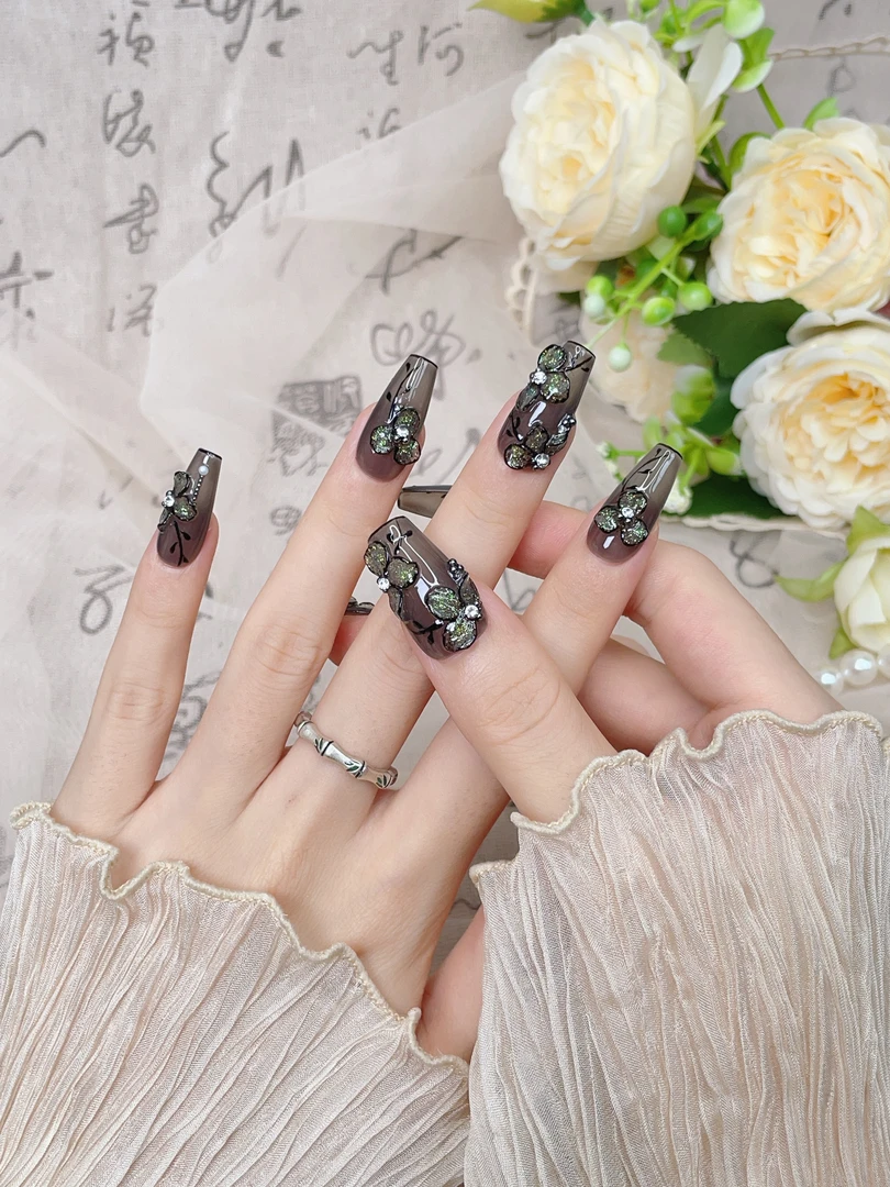 1301木木手工穿戴甲定制原创秋冬新品国风新中式立体雕花美甲成品