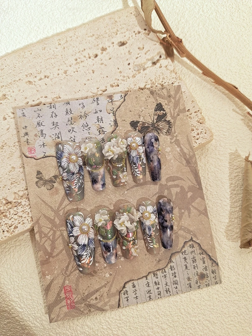 1336木木手工穿戴甲定制原创新品刺绣立体雕花美甲成品