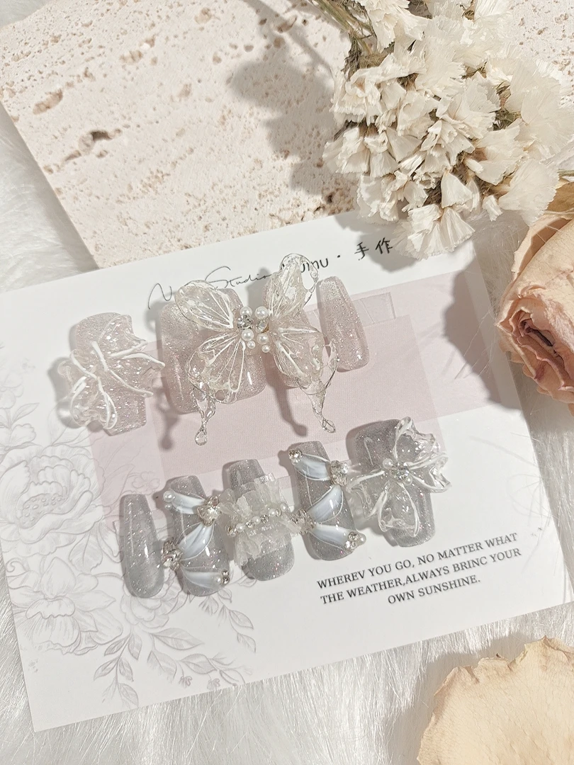 1118木木手工穿戴甲定制立体雕花蝴蝶美甲成品(新店开张粉丝浮)