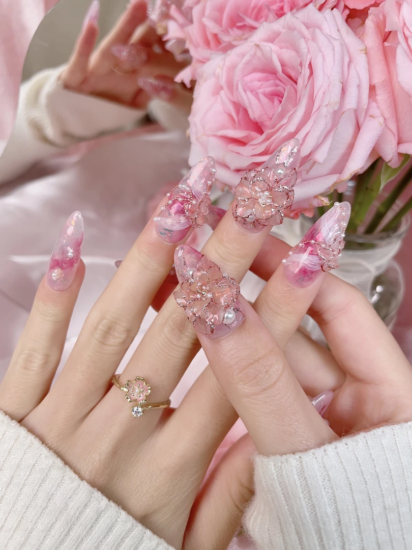 1252木木手工穿戴甲定制秋冬立体仙女雕花美甲成品贴