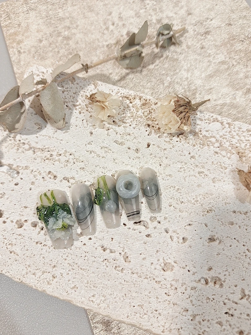 1201木木手工穿戴甲定制原创玉荷立体雕花美甲