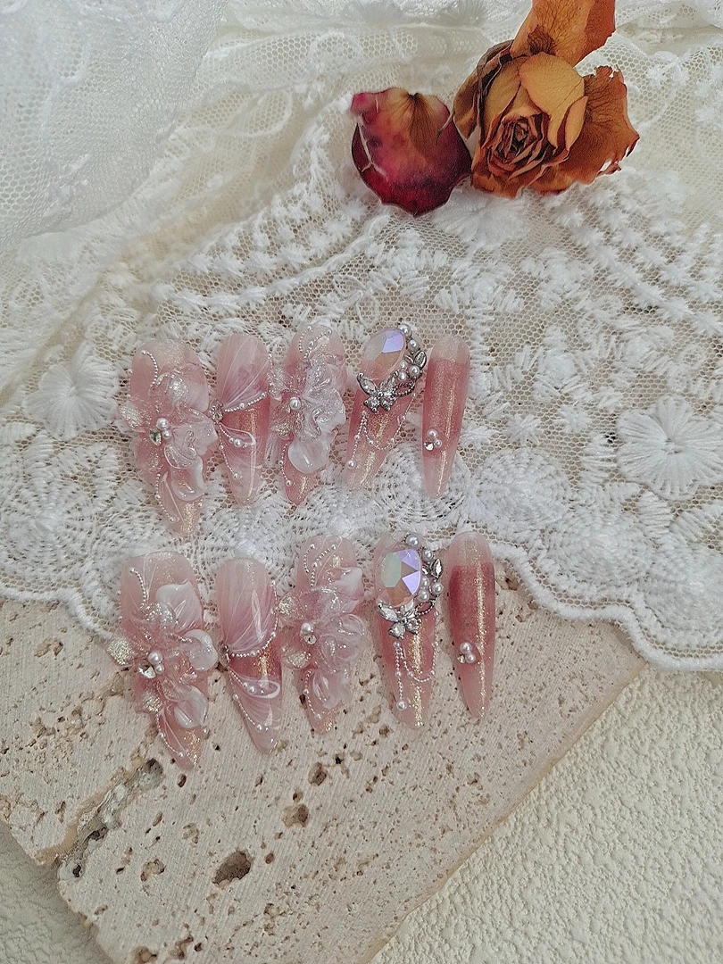 1287木木手工穿戴甲定制原创超仙温柔立体雕花美甲成品