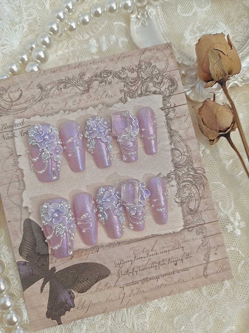 1314木木手工穿戴甲定制原创秋冬新品梦幻紫色立体雕花美甲成品