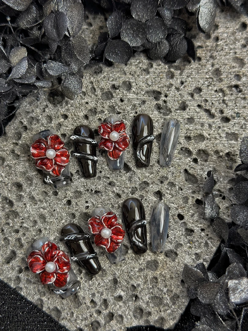 1273木木手工穿戴甲定制原创暗黑花朵立体雕花美甲成品