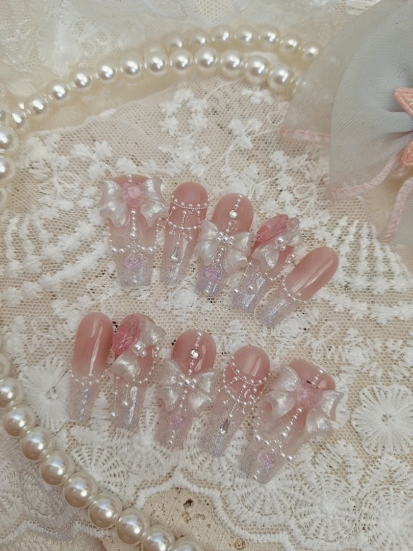 1297木木手工穿戴甲定制原创公主项链立体蝴蝶结美甲成品