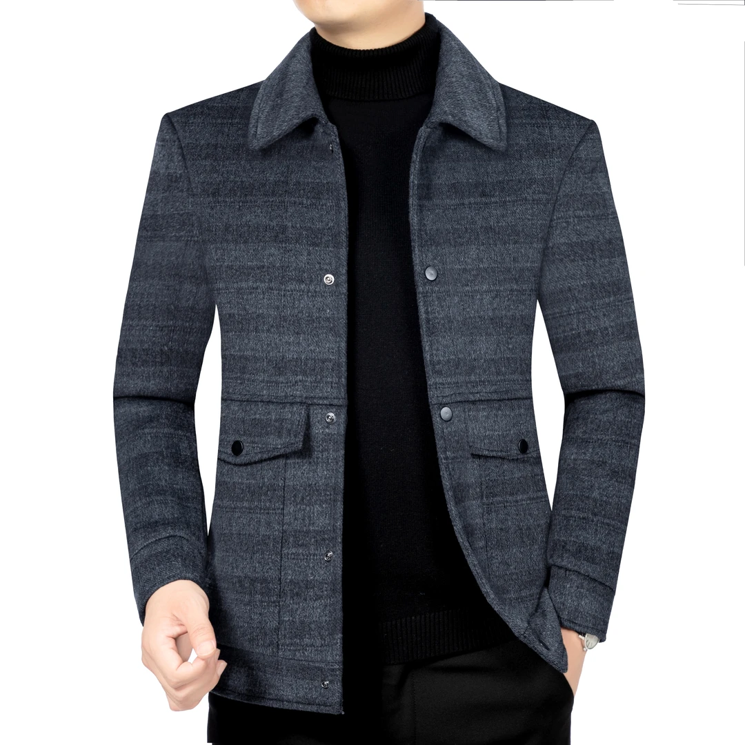 2025年秋冬新款男士条纹短款休闲夹克 时尚翻领修身厚款羊毛外套