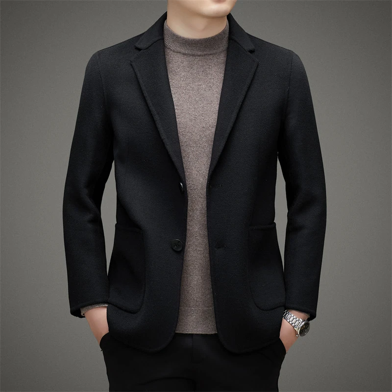 2025年冬季新款男士纯色绵羊毛呢子大衣 时尚休闲翻领双面呢外套