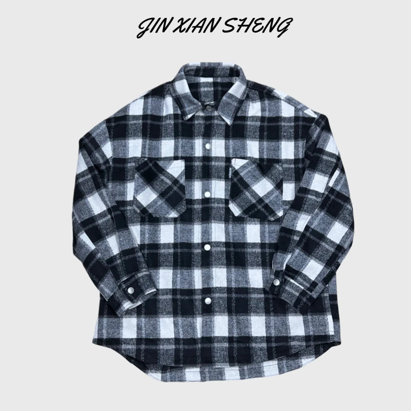 JIN-秋冬男士格纹复古外套加厚磨毛休闲翻领夹克高级百搭