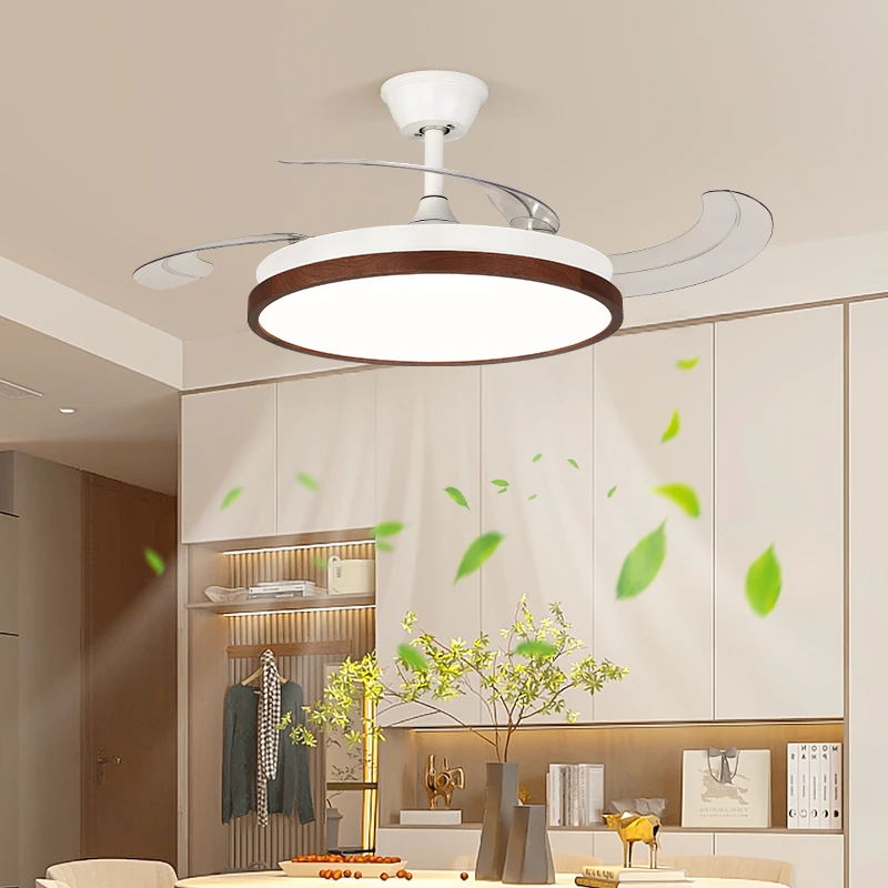 led新中式隐形风扇吊灯胡桃木餐厅吊扇灯中山灯饰照明茶室灯具
