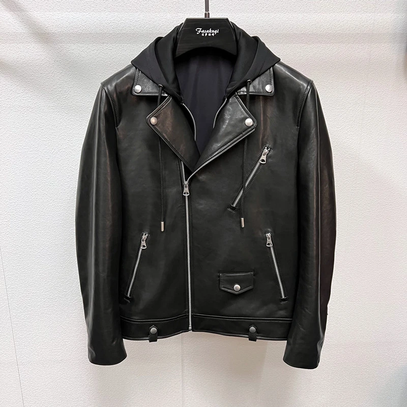 法萨酷琦真皮皮衣男士翻领机车皮夹克帽款两穿短款时尚休闲潮流