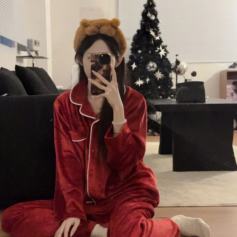 双面薄绒海岛绒开衫睡衣女士秋冬季酒红色加绒保暖春家居服可外穿