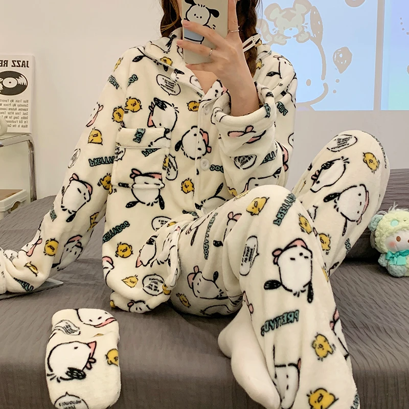 睡衣秋冬女珊瑚绒加厚加绒毛茸茸保暖可爱新款法兰绒家居服冬季
