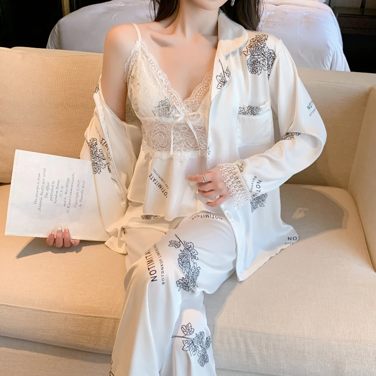 爆款冰雪丝性感吊带睡衣女夏季长袖长裤冰丝家居服纯欲风三件套装