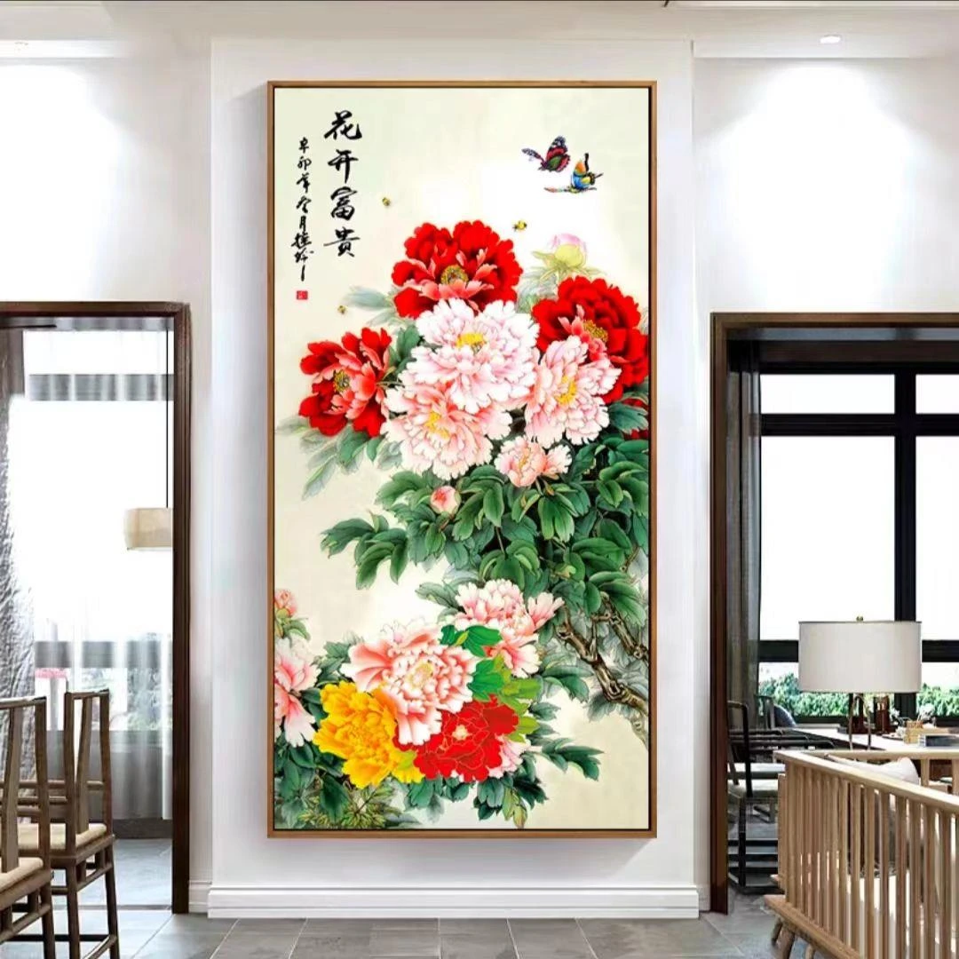 花开富贵入户玄关装饰画牡丹新中式竖版走廊过道画进门挂画晶瓷画
