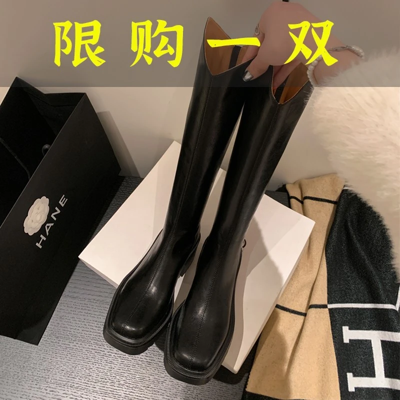 红蜻蜓牌小个子长筒靴女百搭厚底粗跟骑士靴中跟方头真皮高筒靴