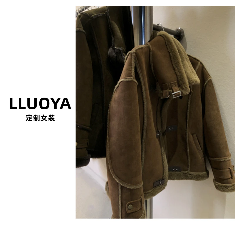 韩版chic加绒加厚翻领皮毛一体麂皮机车服外套2023冬季新款