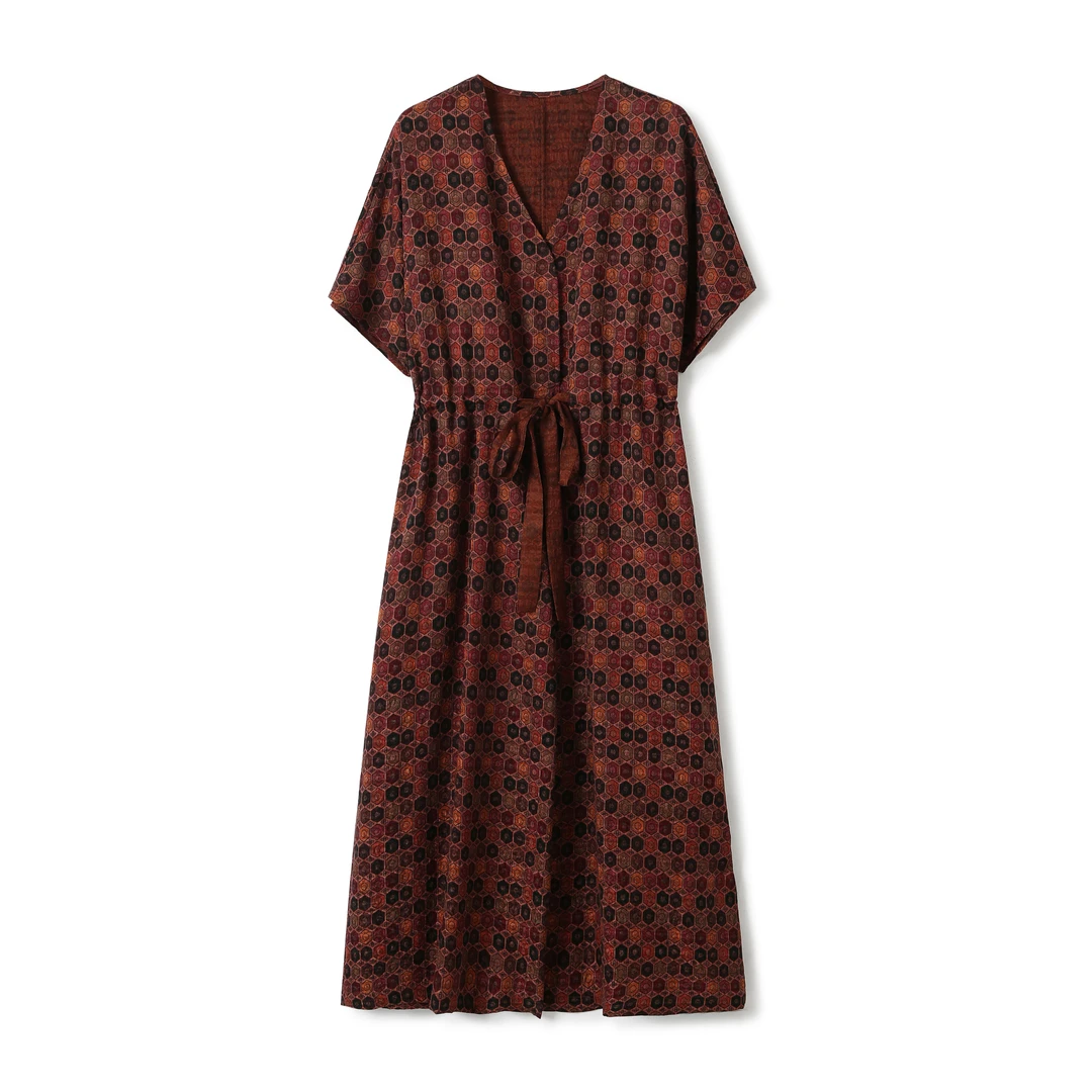 【香花藤】鸡血藤香云纱新中式宽松优雅法式棕色连衣裙DX24AL010