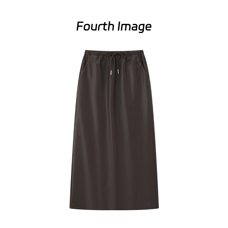 哑光开叉中长款A字皮质半身裙简约百搭松紧腰修身显瘦直筒皮裙