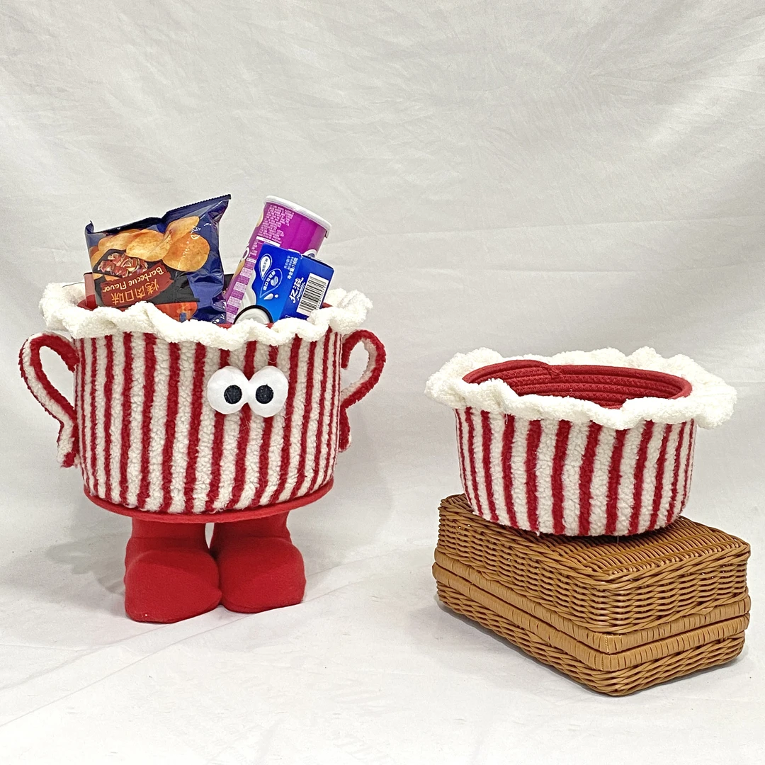 桌面小怪兽收纳筐羊羔绒棉绳客厅杂物玩具零食整理篮卡通摆件礼物