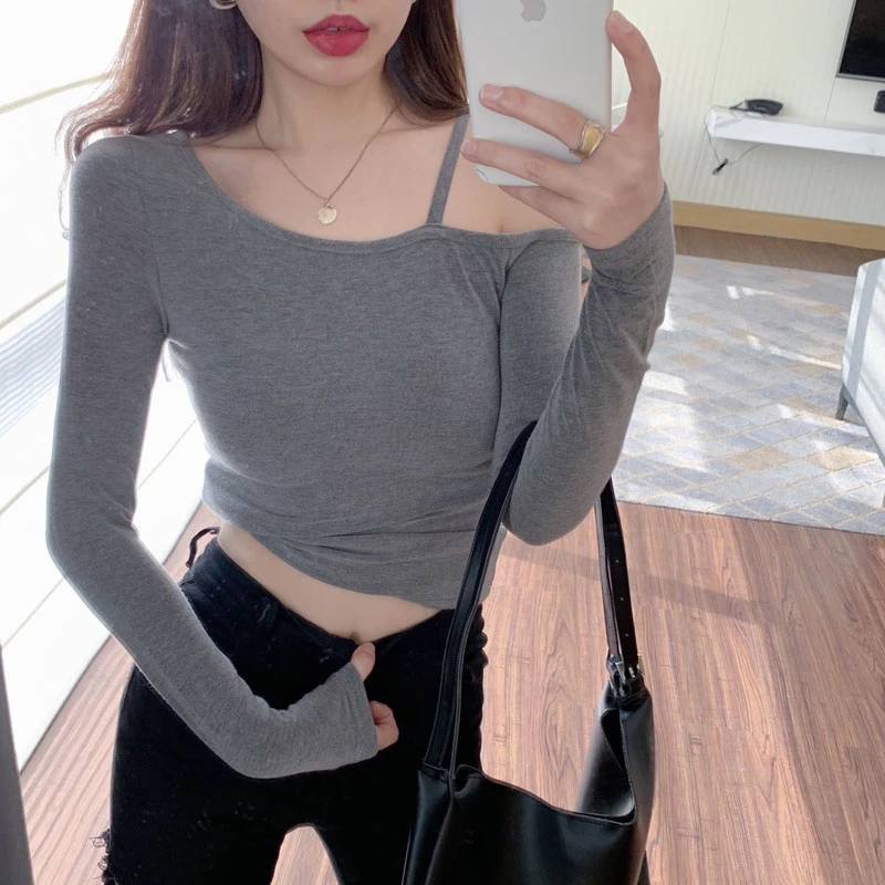 长袖t恤女春秋心机设计感性感露肩打底衫修身显瘦内搭辣妹上衣潮