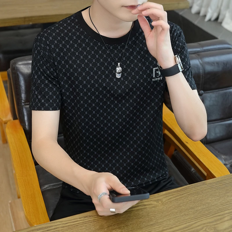 2024夏季新款男士潮牌欧货时尚百搭圆领短袖修身气质薄款透气男装