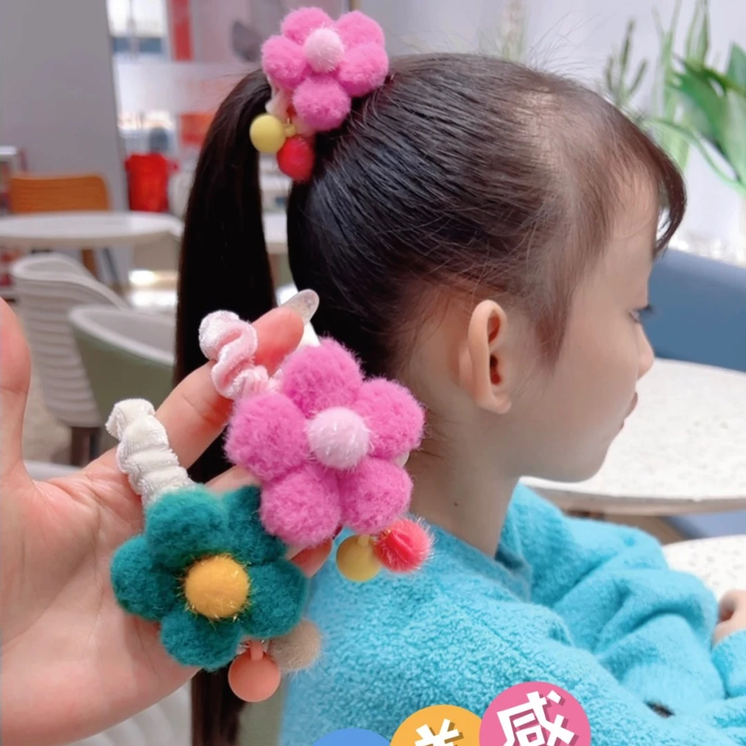 韩版儿童马尾丸子头毛茸茸花朵甜美网红高弹力毛绒不伤发发圈头绳