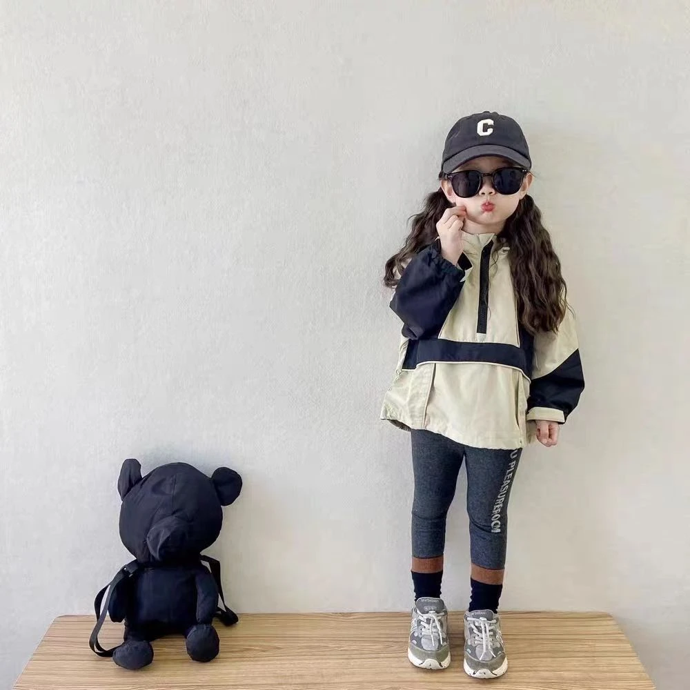 儿童连帽冲锋衣外套2024秋季新款韩版男童女童宽松休闲套头夹克衫