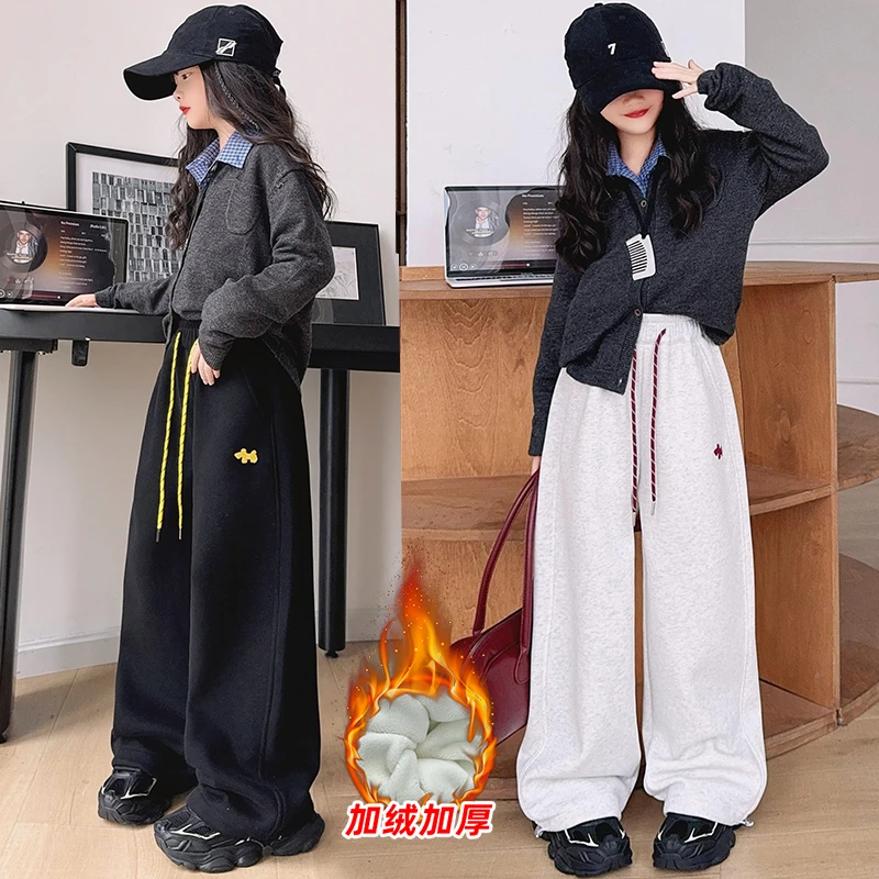 女童休闲裤加绒秋冬款儿童时尚宽松刺绣款中大童加厚冬季束脚卫裤