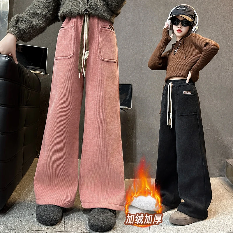 女童加绒休闲裤冬季2024新款中大童加厚羊羔绒直筒保暖深冬卫裤潮