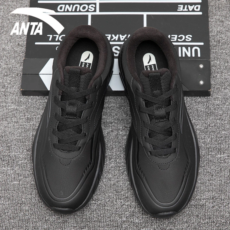 ANTA/安踏加绒男鞋运动鞋夏季男士软底皮面跑步鞋减震黑色保暖鞋