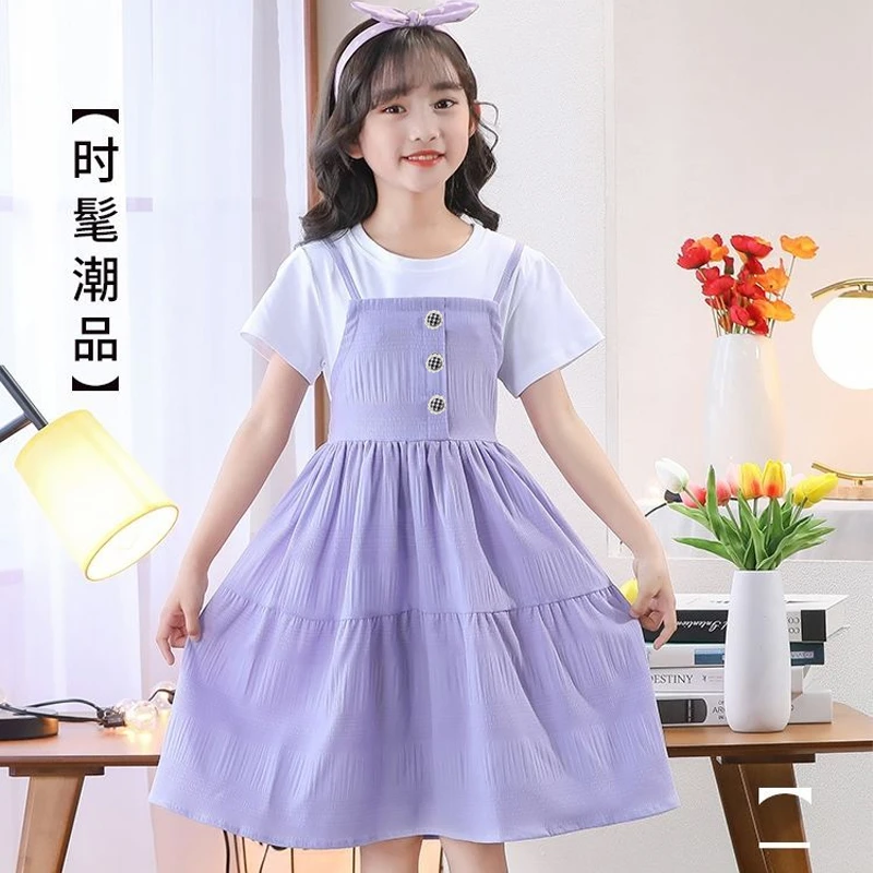 女童夏季新款纯色连衣裙儿童夏季大童女孩小学夏装韩版小女孩裙子