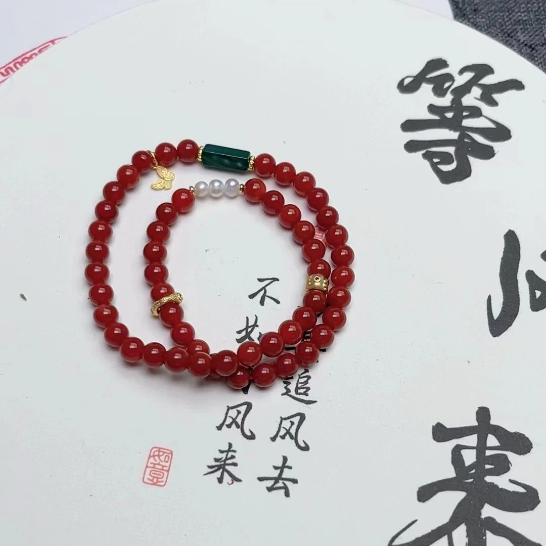 【富鑫宝】双圈红玛瑙孔雀石手串【多样性发拍一发一】168