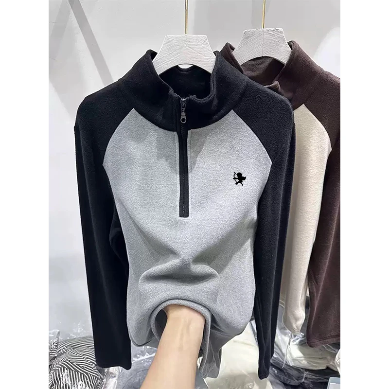 欧货撞色拼接立领半拉链双面德绒打底衫女磨毛加厚大码胖MM上衣春