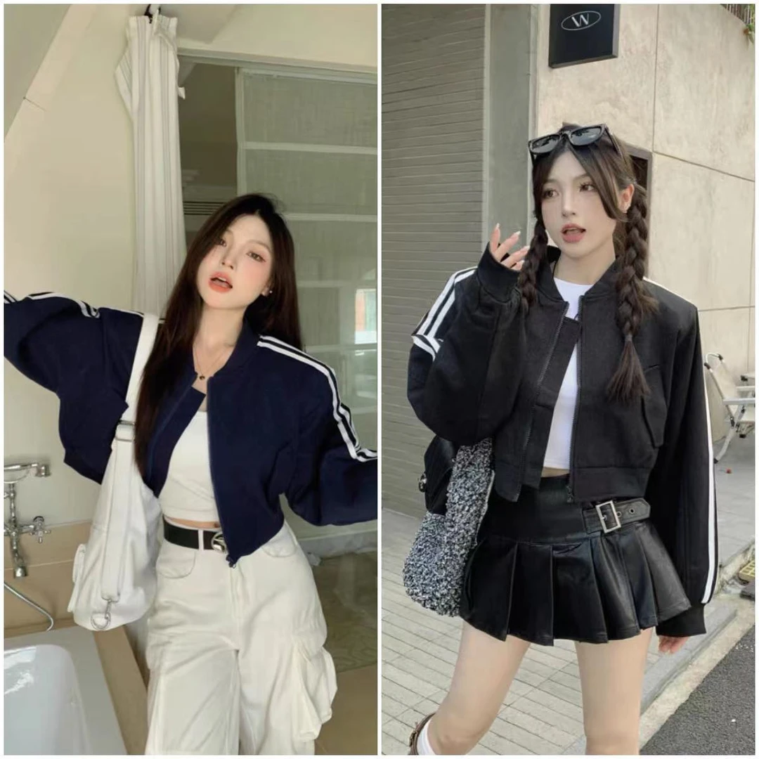 2024春季新款扎染韩版休闲闪亮三杠条纹棒球服拉链夹克短外套女