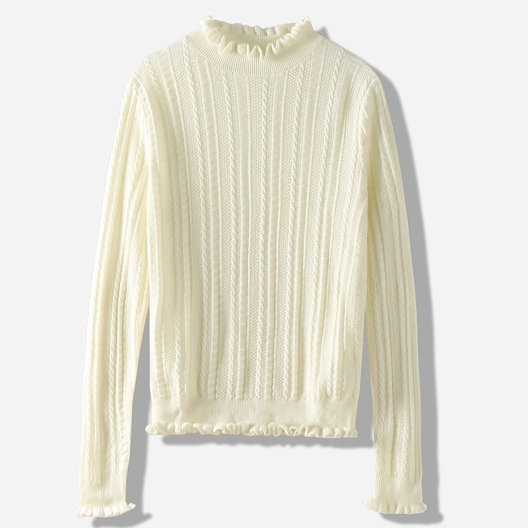 【文君教穿搭】冬季木耳边绵羊毛衫竖坑条显瘦毛衣4M043