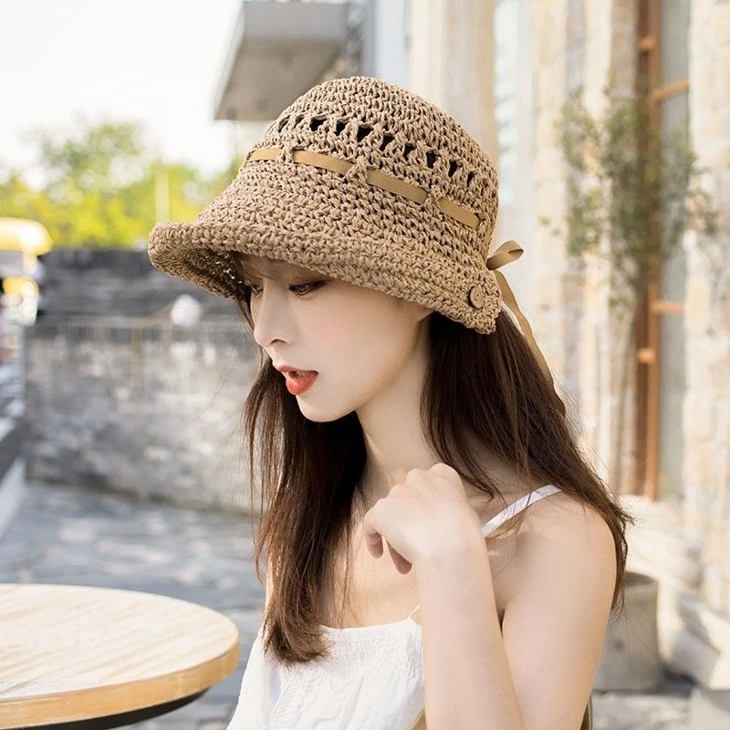 卷边草帽女帽子出游太阳帽日系蕾丝系带甜美夏天室外夏季遮阳草帽