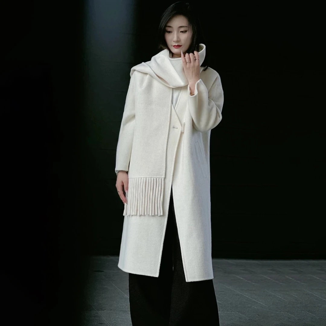 格绒Grong2024秋冬新款羊毛外套围巾韩版10%骆驼绒女时尚长款外套