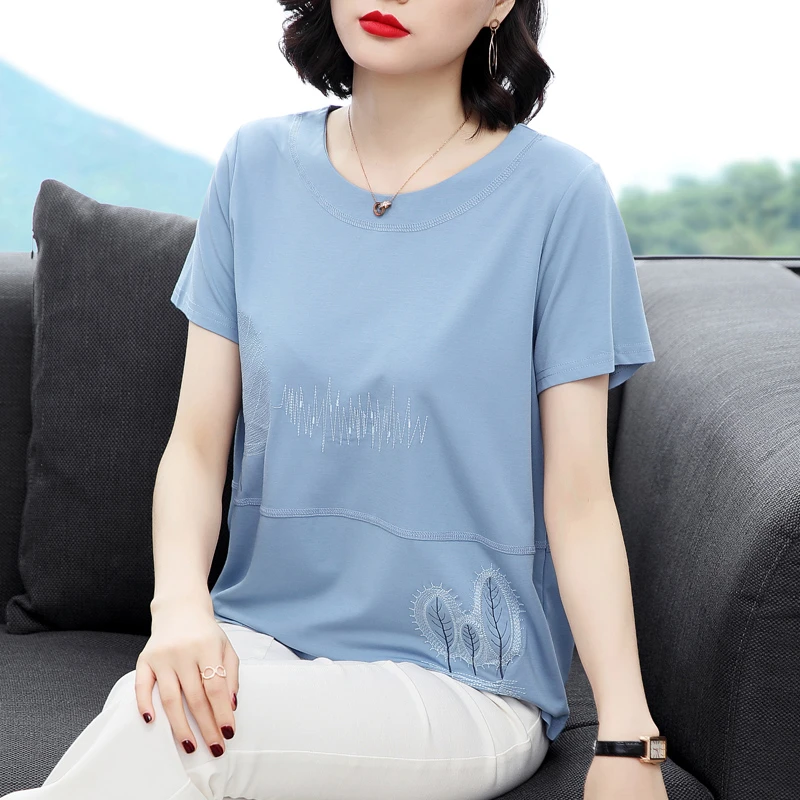 刺绣花纯棉短袖t恤女夏装新款中老年妈妈宽松大码遮肚子圆领上衣