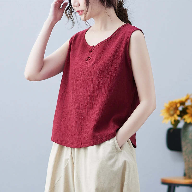 复古盘扣无袖棉麻背心T恤女装夏季新款纯色清凉小个子上衣妈妈装