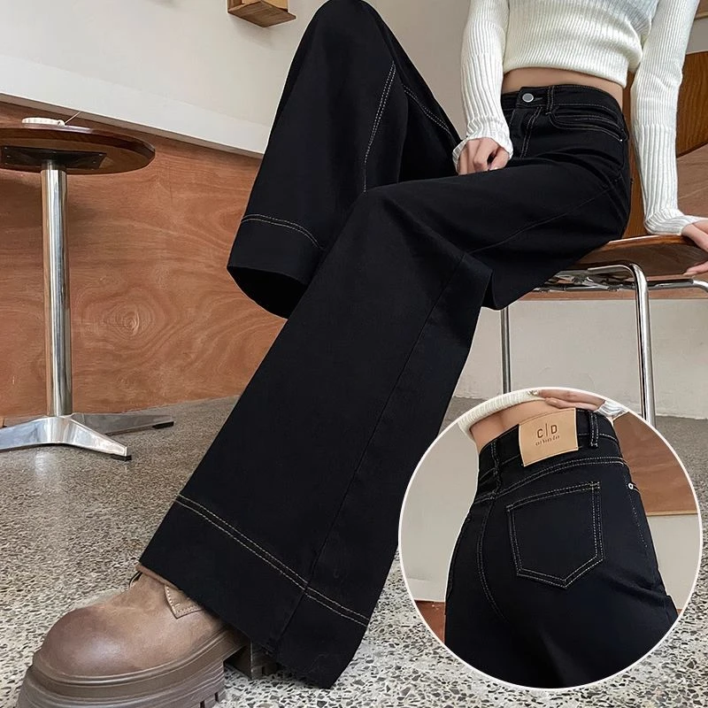 2025秋冬流行穿搭风格女黑色牛仔阔腿牛仔裤小个子弹力宽松拖地裤