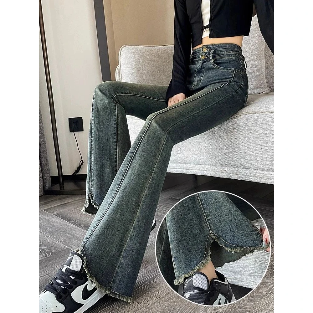 加绒潮牌微喇牛仔裤微喇裤女高腰弹力显瘦小个子毛边马蹄裤秋冬