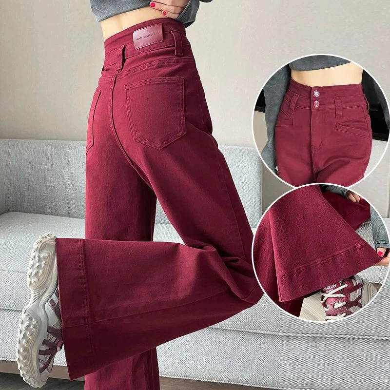 安哥拉红阔腿牛仔裤女2025双排扣高腰宽松不贴腿大喇叭裤秋冬春夏